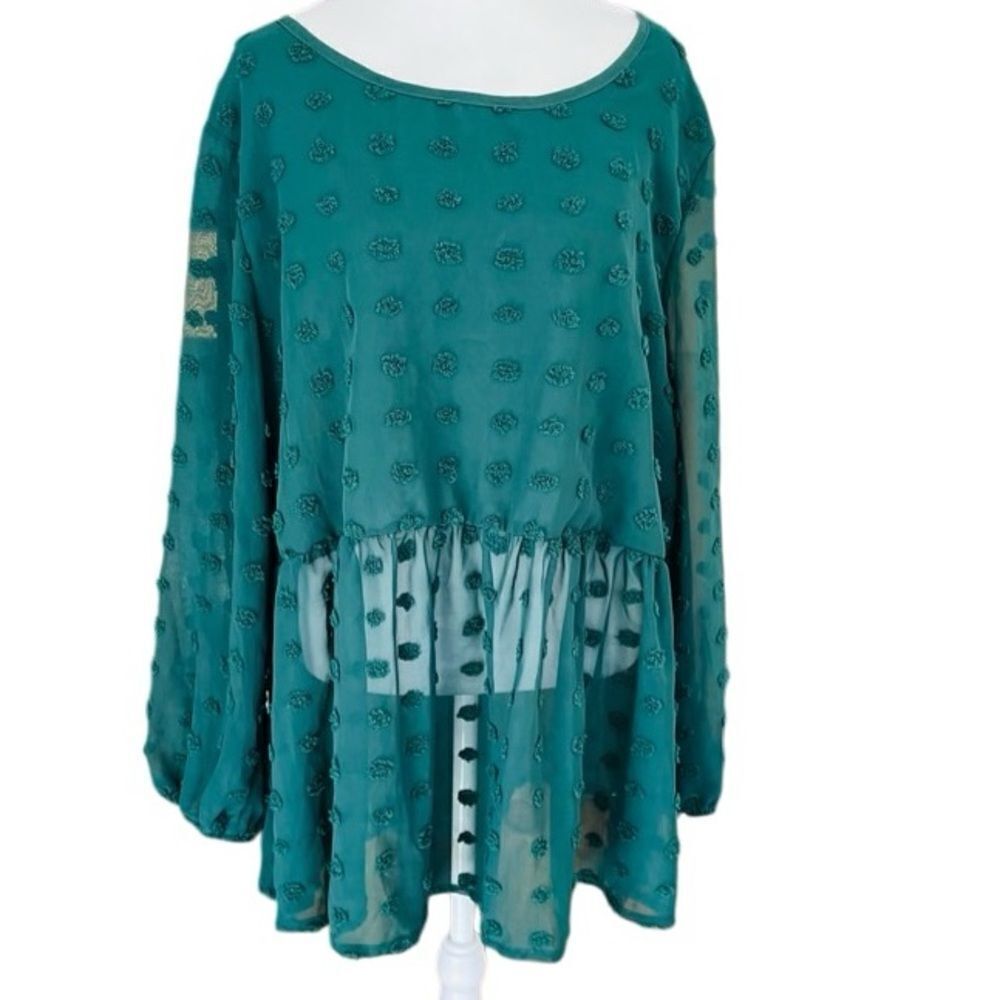 SHEIN Curve Green chenille polka dot semi sheer baby doll style long sleeved top